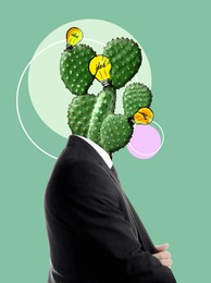 Image of Creative art collage. Man with light bulbs and cactus instead of head on color background. Conceptual poster about idea and inspiration