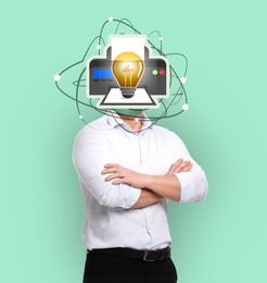 Image of Creative art collage. Man with light bulb and printer instead of head on turquoise background. Idea and development concept