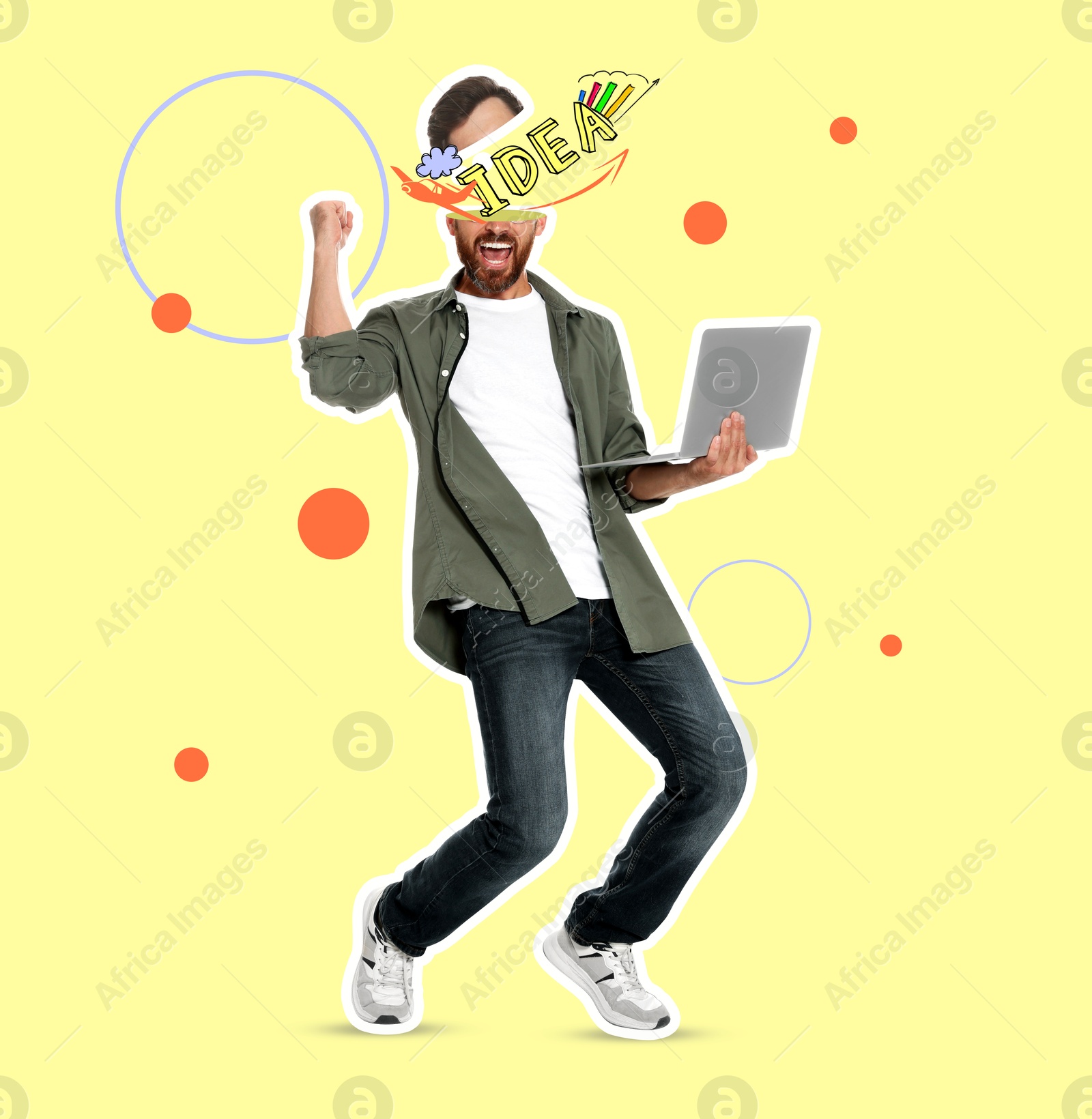 Image of Creative art collage. Man with laptop on yellow background. Idea, business plan and development concepts