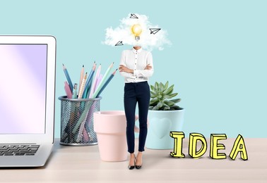 Image of Creative art collage. Woman with light bulb and paper plane images instead of head. Workplace with laptop, potted plant and stationery. Idea, business plan and development concepts