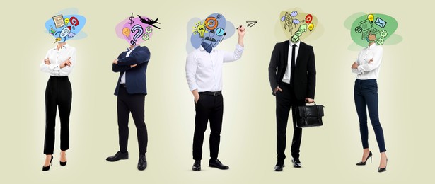 Image of Conceptual collage about idea and inspiration. Business people and different elements combined into creative artwork on beige background