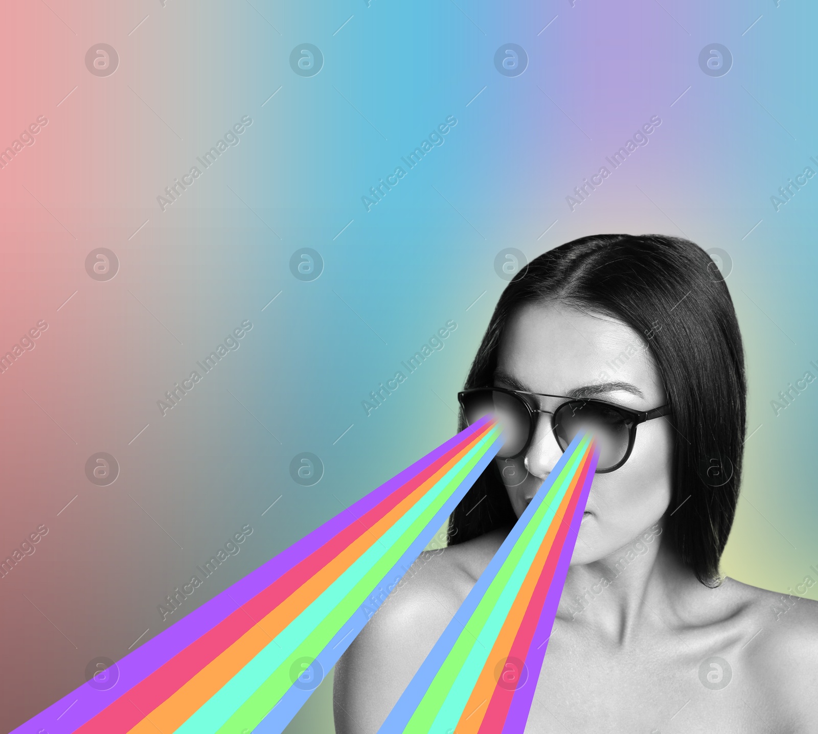 Image of Fashionable woman shooting with rainbow lasers out of her eyes through sunglasses on color gradient background, creative collage. Stylish poster