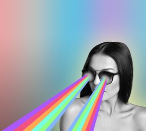 Fashionable woman shooting with rainbow lasers out of her eyes through sunglasses on color gradient background, creative collage. Stylish poster