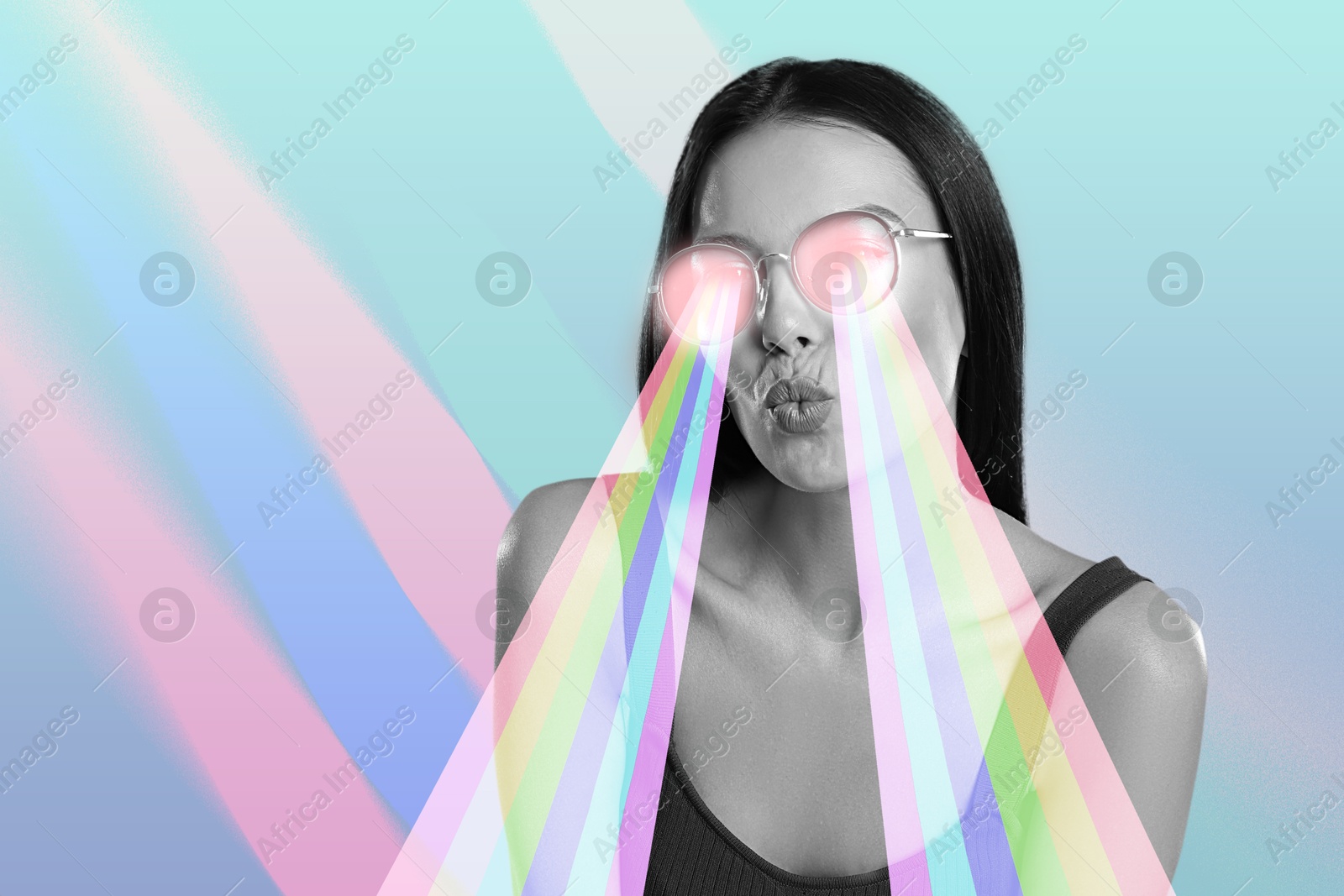 Image of Fashionable woman shooting with rainbow lasers out of her eyes through sunglasses on colorful background, creative collage. Stylish poster