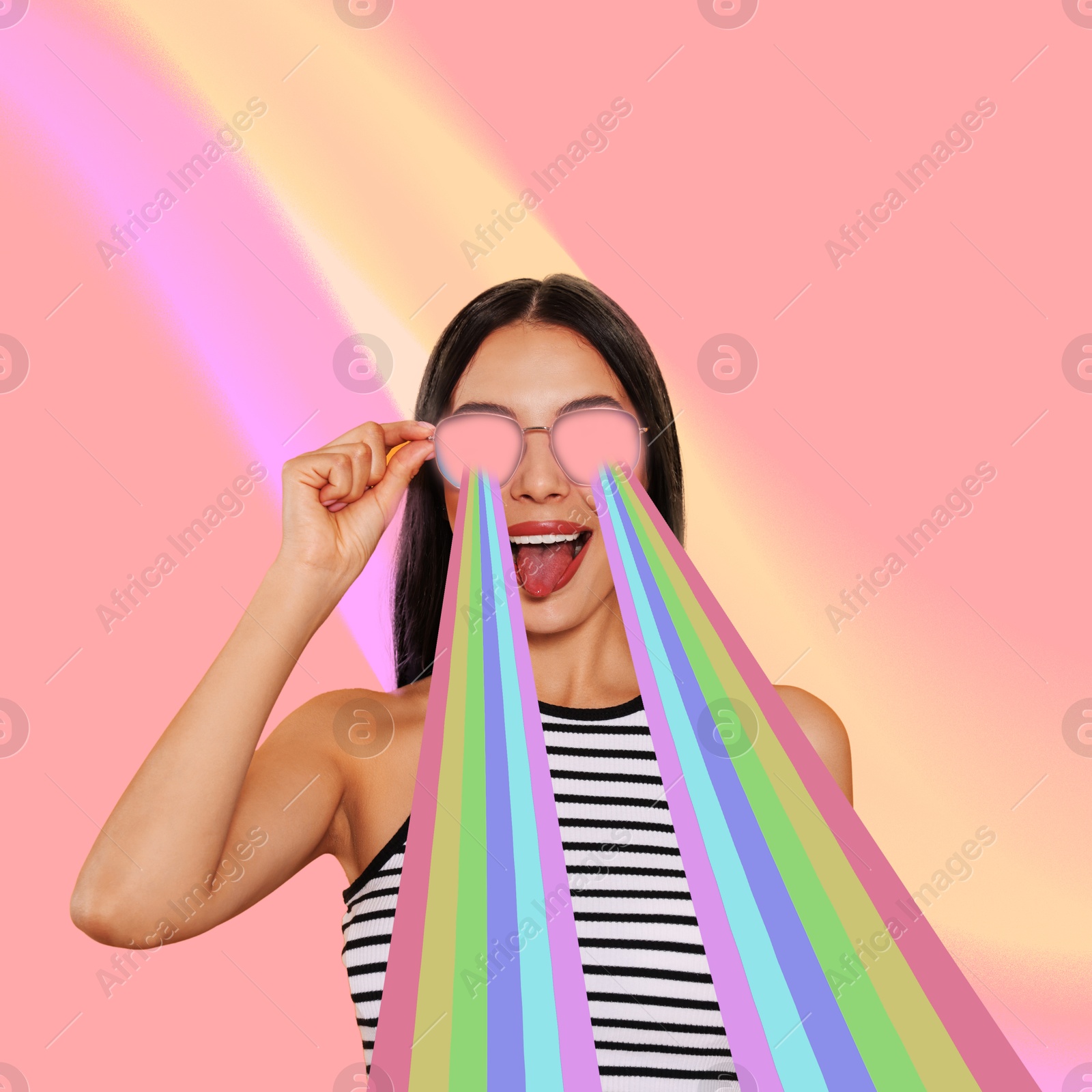 Image of Woman with rainbow lasers coming out of her sunglasses on pink background, creative collage. Stylish poster