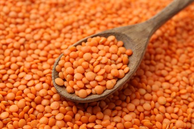 Photo of Raw red lentils and spoon as background, closeup view