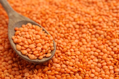 Photo of Raw red lentils and spoon as background, closeup view