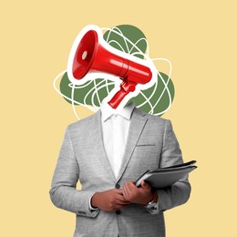 Image of Creative artwork. Man with red electronic megaphone instead of head and folders in hands on color background. Idea concept