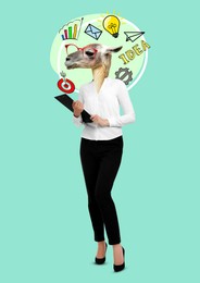 Image of Creative art collage. Woman with llama head and business themed illustrations on turquoise background. Idea, business plan and development concepts