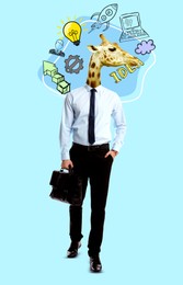 Image of Creative art collage. Man with giraffe head and business themed illustrations on light blue background. Idea, business plan and development concepts