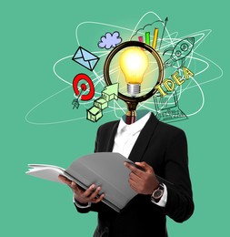 Image of Creative art collage. Man with light bulb, magnifying glass and business themed illustrations holding folder on green background. Conceptual collage about idea and inspiration