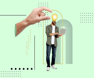 Image of Creative art collage. Man with light bulb instead of head using laptop and female hand on color background. Idea and development concept