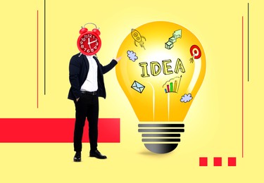 Image of Creative art collage. Man with alarm clock instead of head and light bulb with different business themed illustrations on color background. Idea, business plan and development concepts