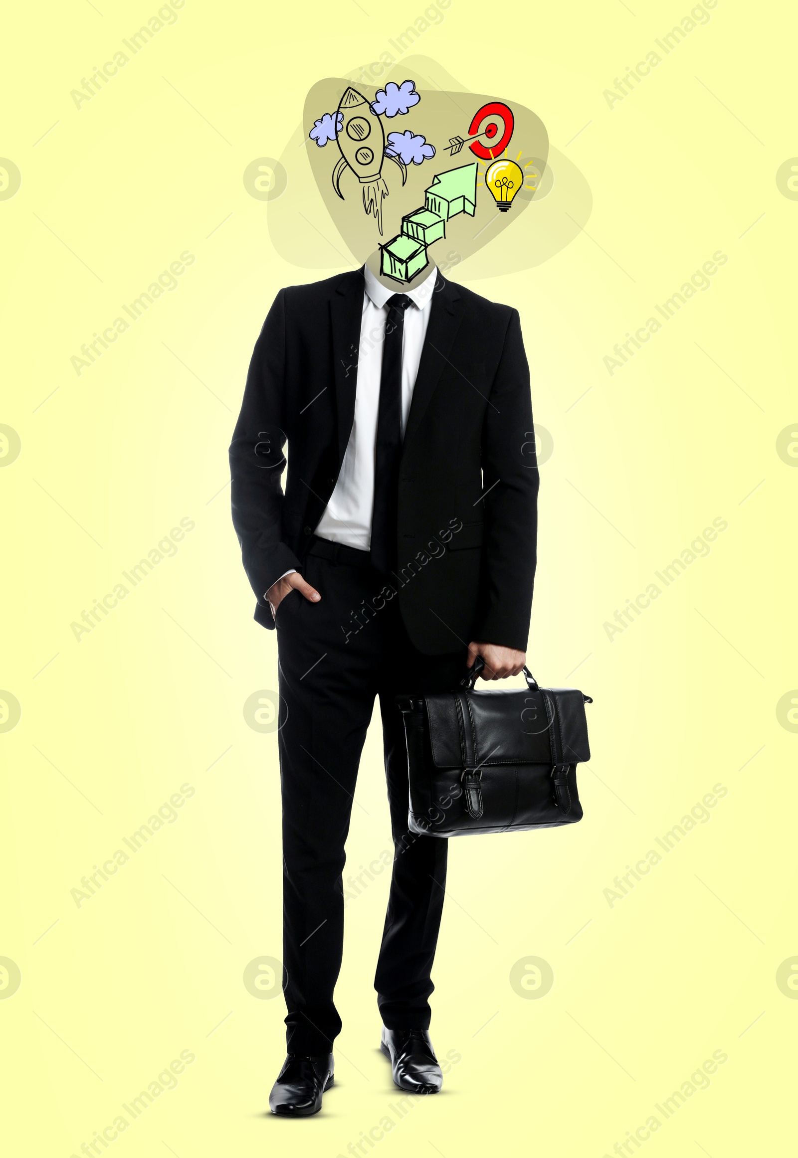 Image of Creative art collage. Man with business themed illustrations instead of head on yellow background. Idea and development concept