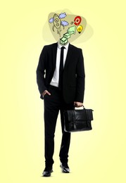 Image of Creative art collage. Man with business themed illustrations instead of head on yellow background. Idea and development concept