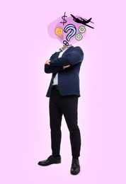 Image of Creative art collage. Man with business themed illustrations instead of head on pink background. Idea and development concept