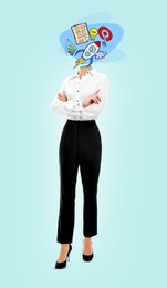 Image of Creative art collage. Woman with business themed illustrations instead of head on turquoise background. Idea and development concept