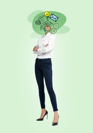 Image of Creative art collage. Woman with business themed illustrations instead of head on pastel turquoise background. Idea and development concept