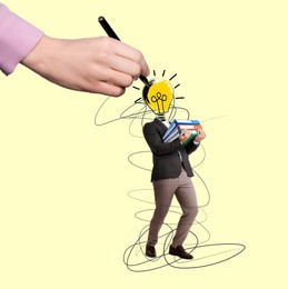 Image of Creative artwork. Woman painting light bulb instead of man's head on yellow background. Conceptual poster about idea and inspiration