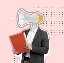 Image of Creative art collage. Man with electronic megaphone instead of head and folder in hands on pastel pink background