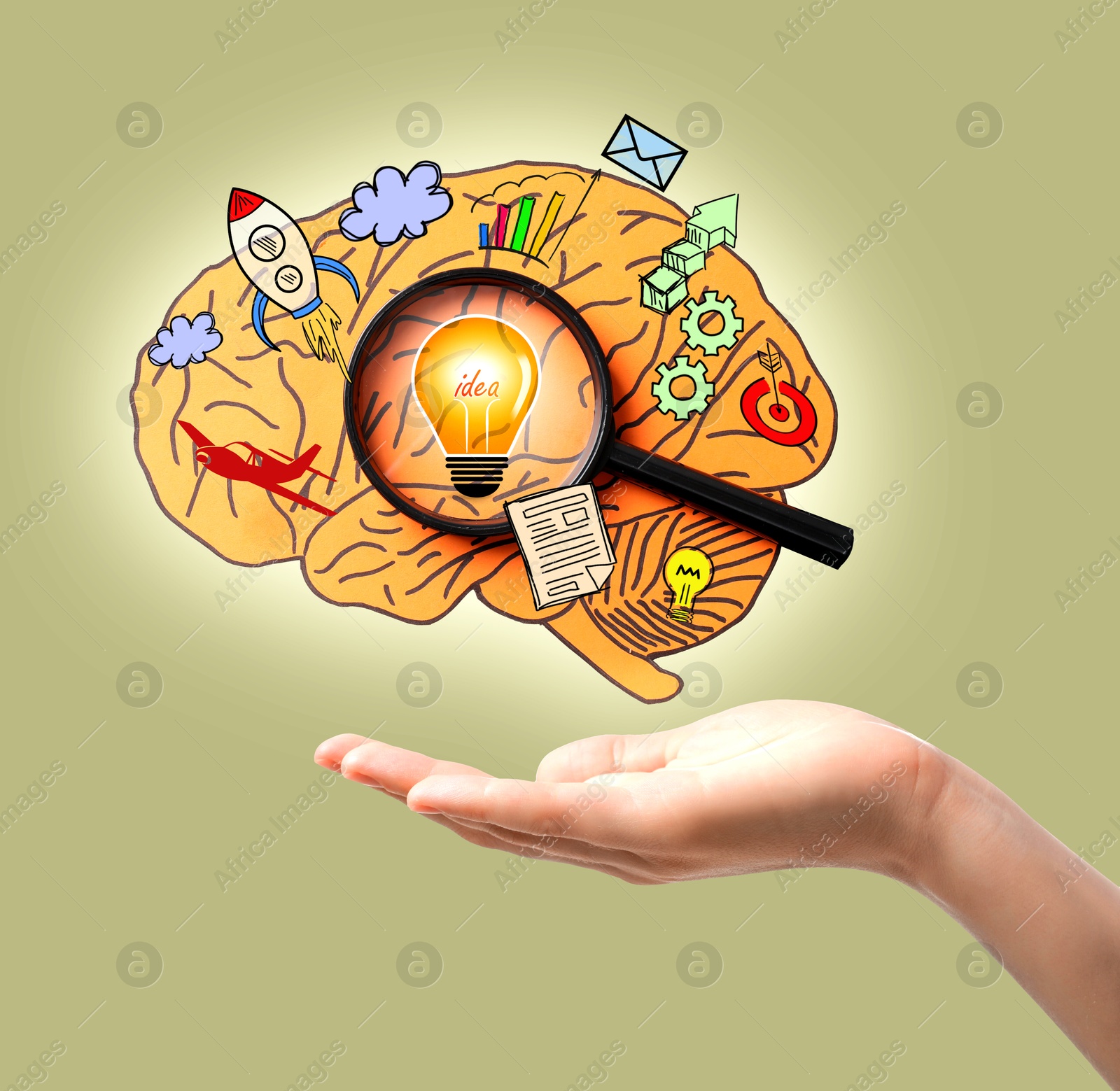 Image of Creative art collage. Woman with magnifying glass, brain image and different illustrations on color background, closeup. Conceptual poster about idea and inspiration