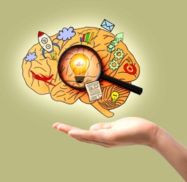 Image of Creative art collage. Woman with magnifying glass, brain image and different illustrations on color background, closeup. Conceptual poster about idea and inspiration