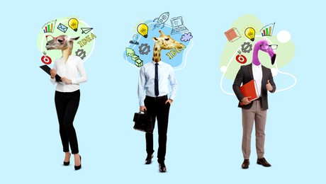 Image of Creative collage. Business people and different elements combined into artwork on light blue background. Conceptual poster about idea and inspiration