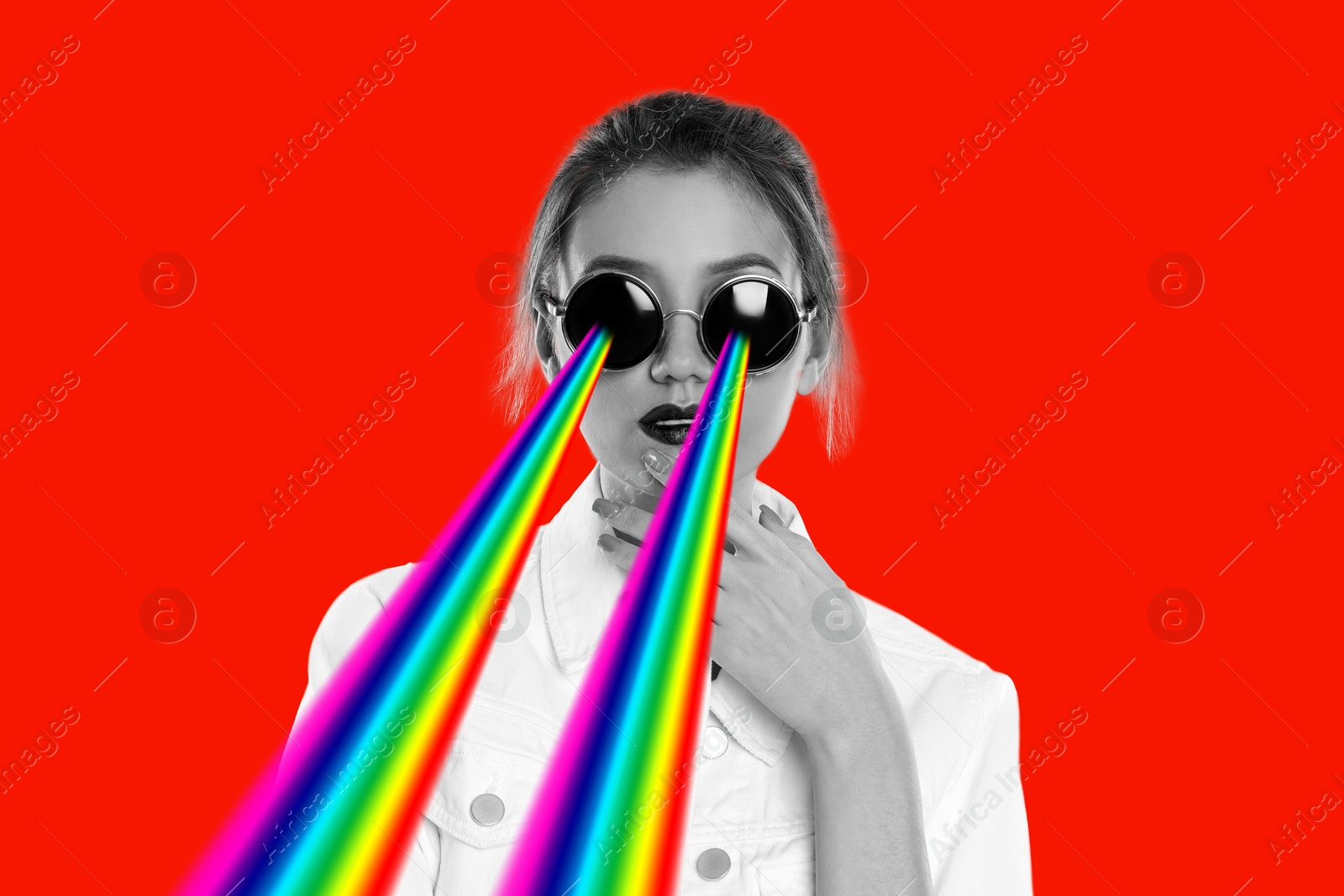 Image of Fashionable woman with rainbow lasers coming out of her sunglasses on red background, creative collage. Stylish poster