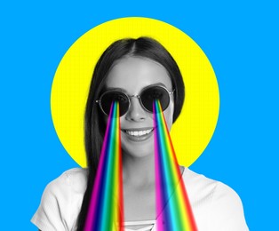 Fashionable woman shooting with rainbow lasers out of her eyes through sunglasses on light blue background, creative collage. Stylish poster