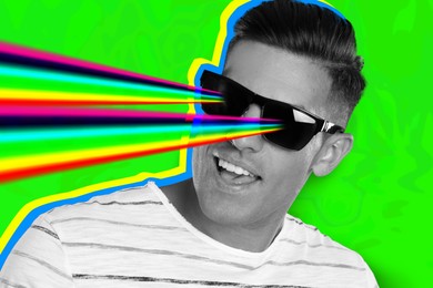 Image of Fashionable man with rainbow lasers coming out of his sunglasses on bright green background, creative collage. Stylish poster