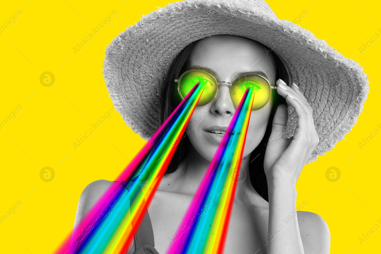 Image of Fashionable woman shooting with rainbow lasers out of her eyes through sunglasses on yellow background, creative collage. Stylish poster