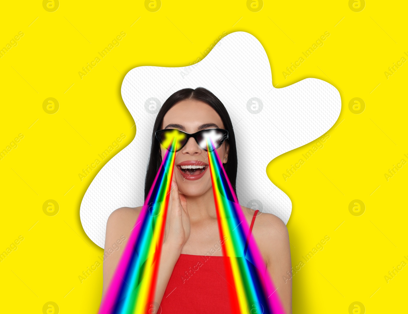 Image of Fashionable woman shooting with rainbow lasers out of her eyes through sunglasses on yellow background, creative collage. Stylish poster