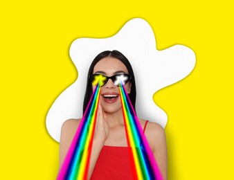 Image of Fashionable woman shooting with rainbow lasers out of her eyes through sunglasses on yellow background, creative collage. Stylish poster