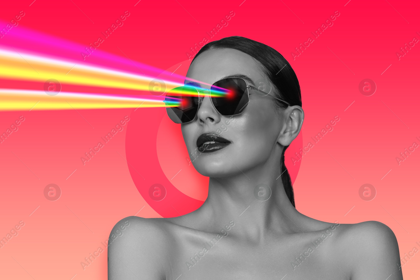 Image of Fashionable woman shooting with rainbow lasers out of her eyes through sunglasses on red gradient background, creative collage. Stylish poster