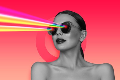 Fashionable woman shooting with rainbow lasers out of her eyes through sunglasses on red gradient background, creative collage. Stylish poster