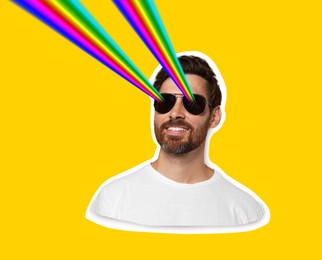 Fashionable man with rainbow lasers coming out of his sunglasses on yellow background, creative collage. Stylish poster