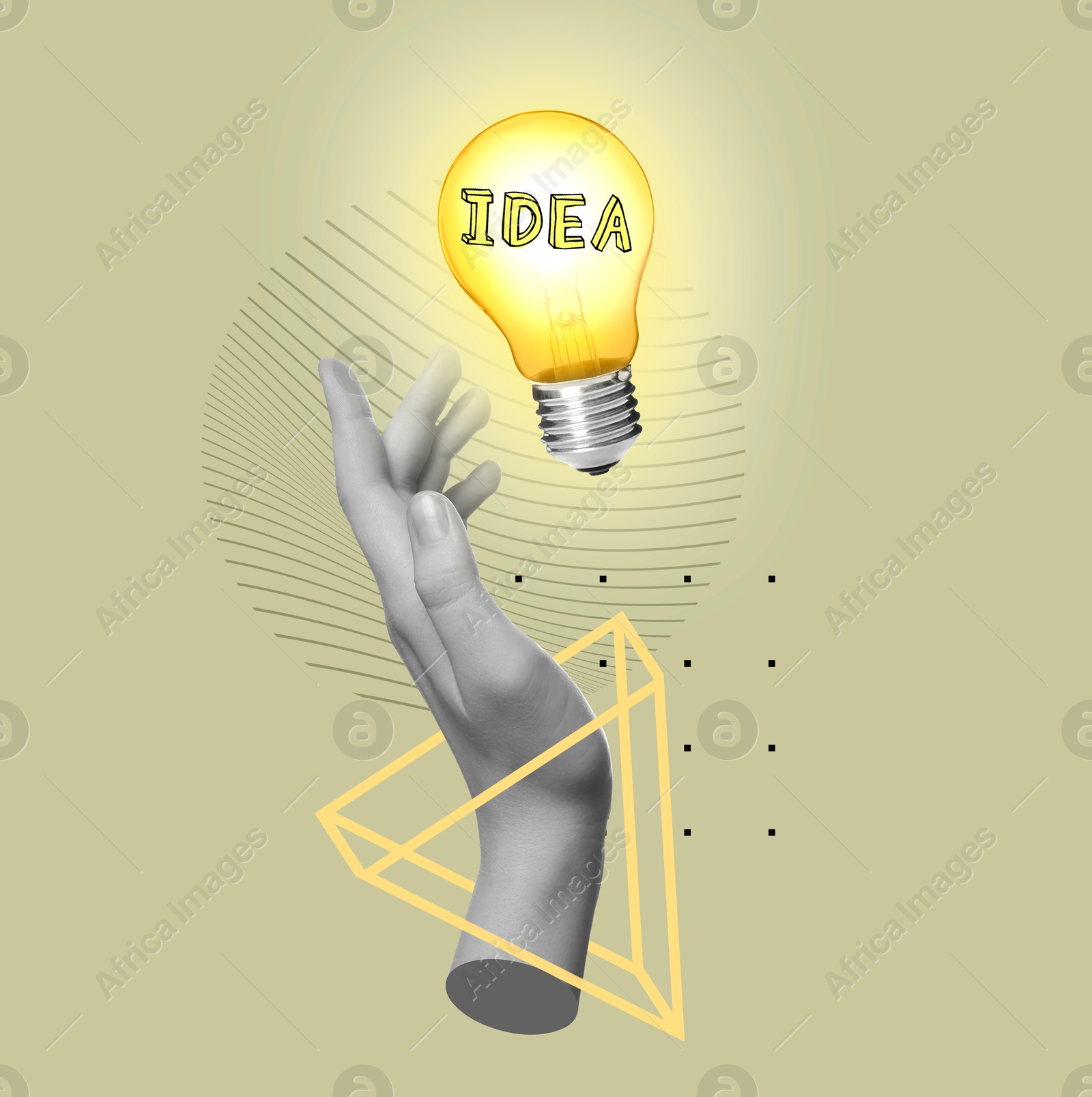 Image of Creative art collage. Female hand with light bulb on color background. Conceptual poster about idea and inspiration