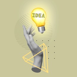 Image of Creative art collage. Female hand with light bulb on color background. Conceptual poster about idea and inspiration