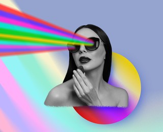 Image of Fashionable woman with rainbow lasers coming out of her sunglasses on colorful background, creative collage. Stylish poster