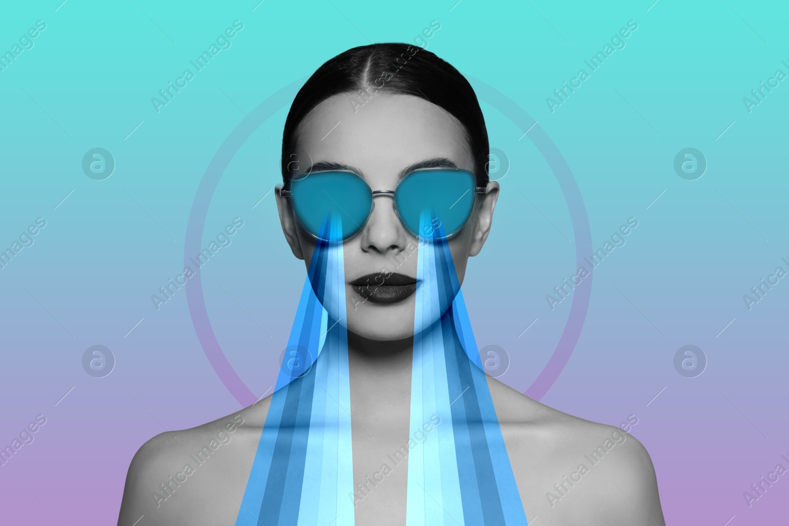 Image of Fashionable woman with blue gradient lasers coming out of her sunglasses on colorful background, creative collage. Stylish poster