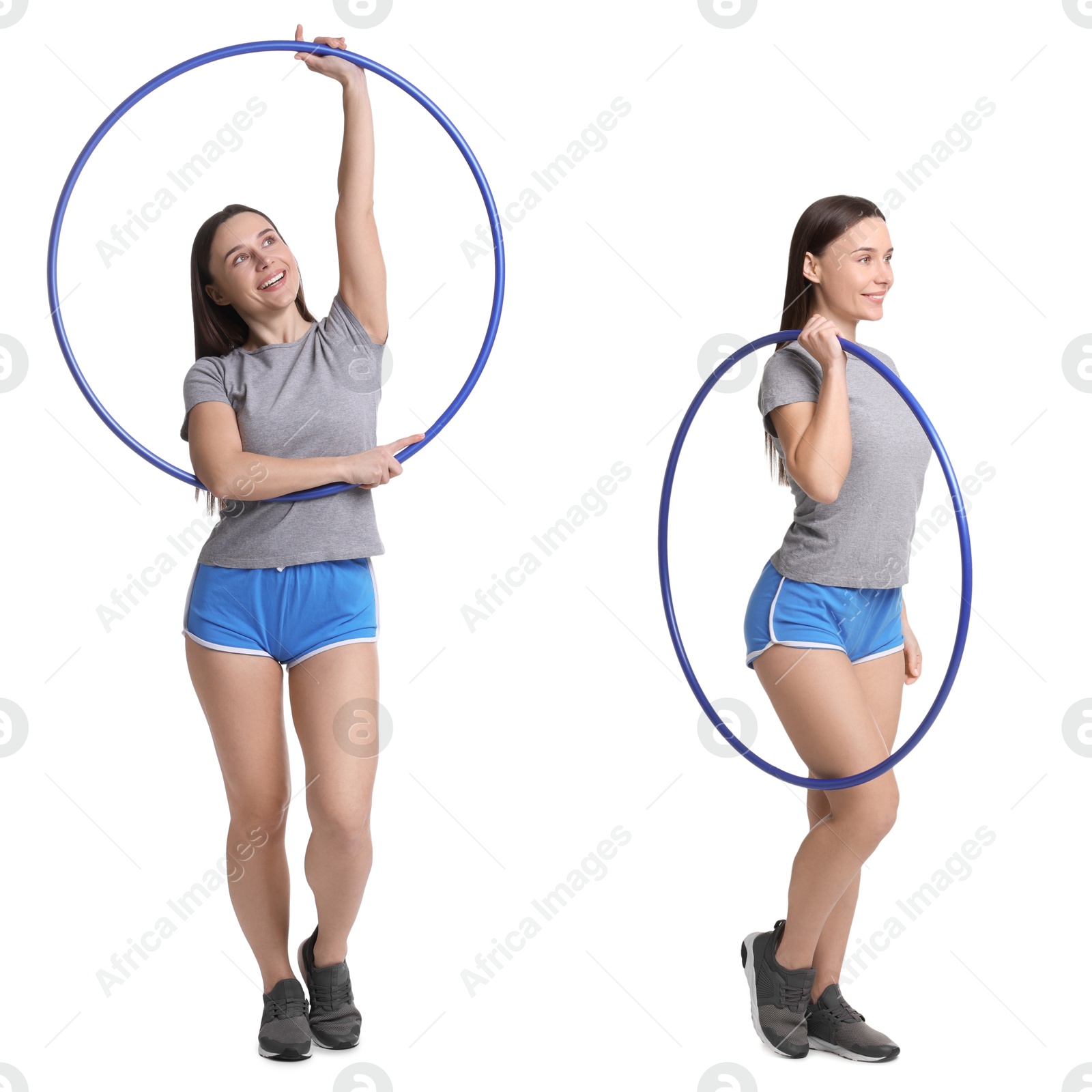 Image of Beautiful young woman with hula hoop on white background, collage