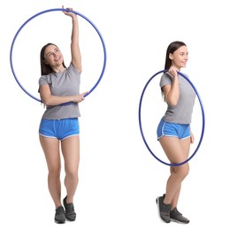 Beautiful young woman with hula hoop on white background, collage