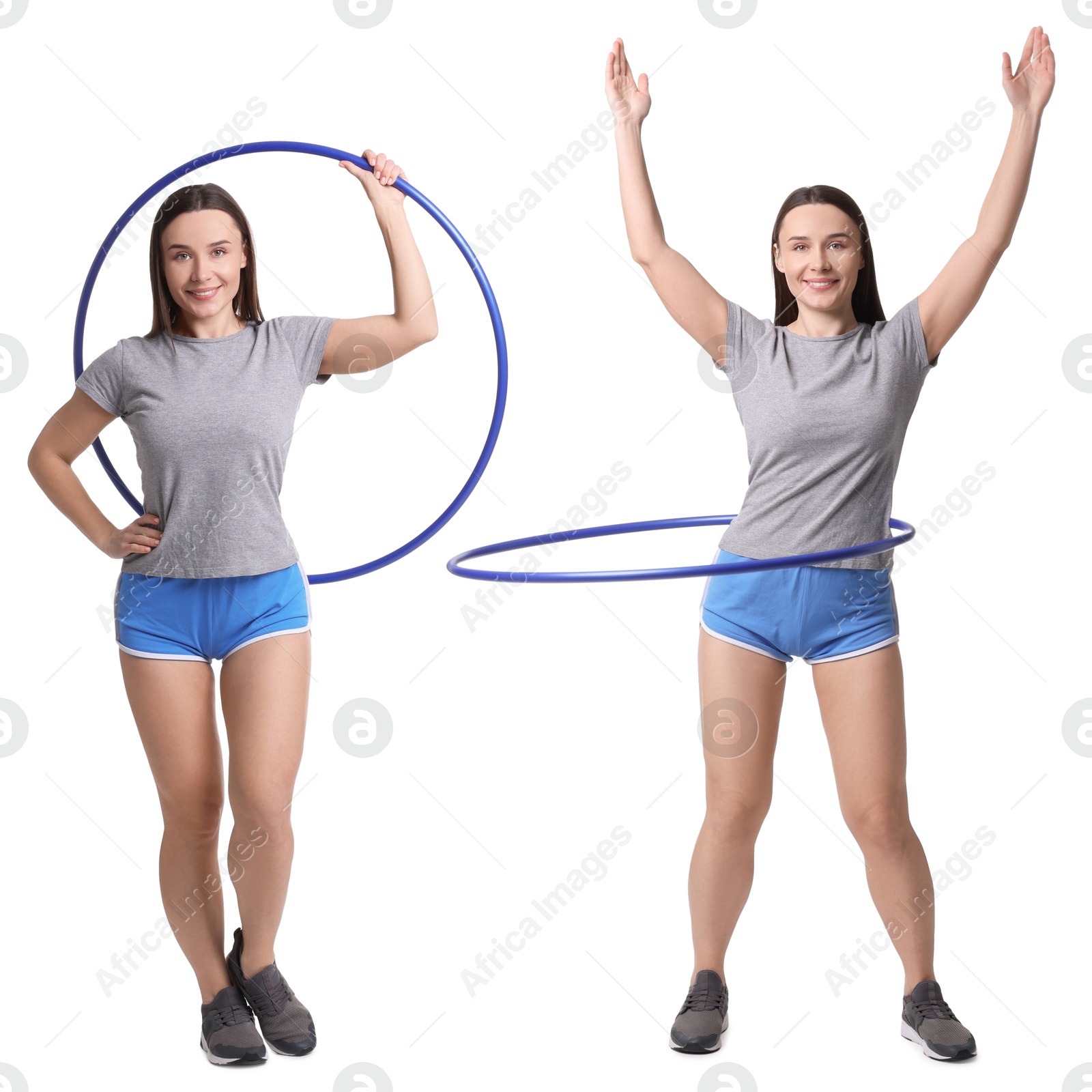 Image of Beautiful young woman training with hula hoop on white background, collage