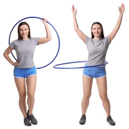 Image of Beautiful young woman training with hula hoop on white background, collage