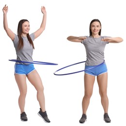 Image of Beautiful young woman training with hula hoop on white background, collage