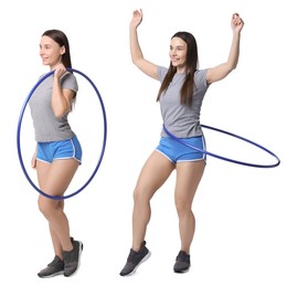 Image of Beautiful young woman training with hula hoop on white background, collage