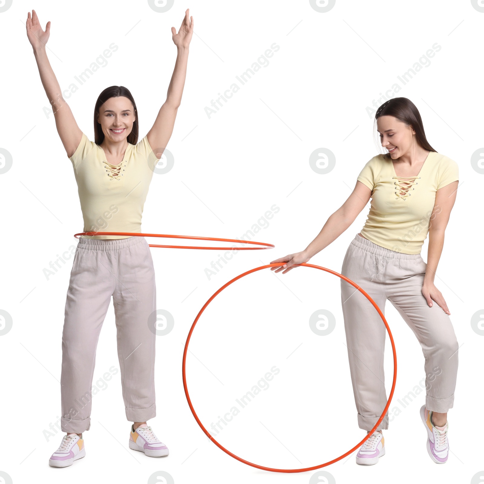 Image of Beautiful young woman training with hula hoop on white background, collage