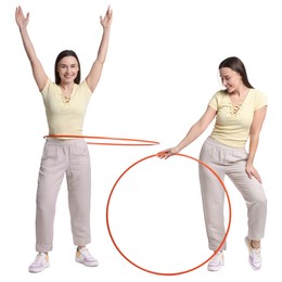 Image of Beautiful young woman training with hula hoop on white background, collage