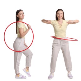 Image of Beautiful young woman training with hula hoop on white background, collage