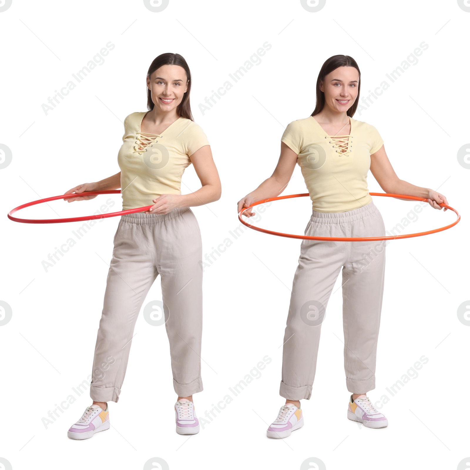 Image of Beautiful young woman training with hula hoop on white background, collage